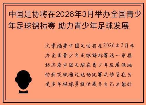中国足协将在2026年3月举办全国青少年足球锦标赛 助力青少年足球发展